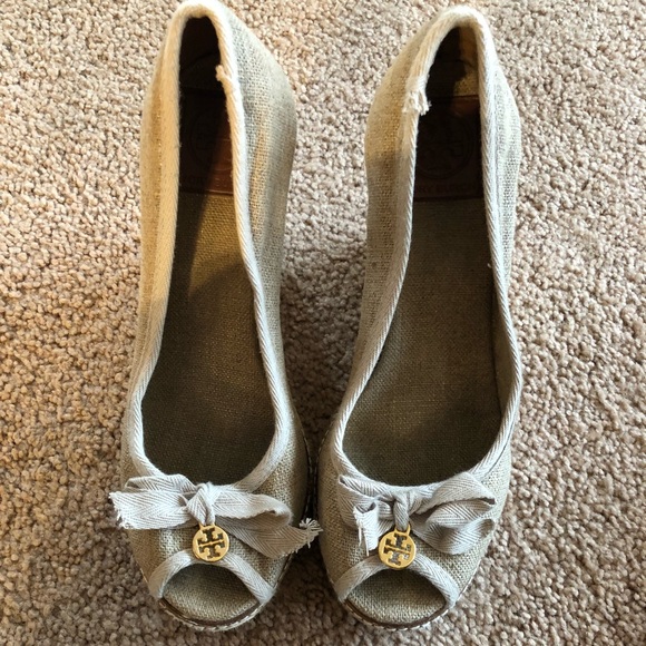 Tory Burch Shoes - Beige Canvas Tory Burch peep toe wedges